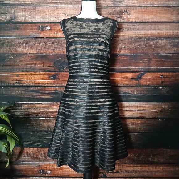 Gianni Bini Dress 10 Black Lace Striped Fit & Flare Lined - Picture 2 of 10